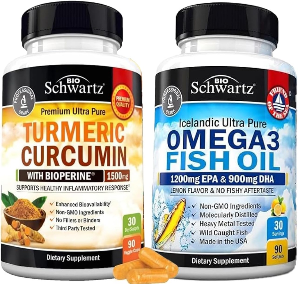 Triple Strength Omega 3 Fish Oil Softgels (1 Bulan Supply) Plus Turmeriic Curcumin dengan Black Pepper Extract 1500mg Complex (Persediaan 1 Bulan)