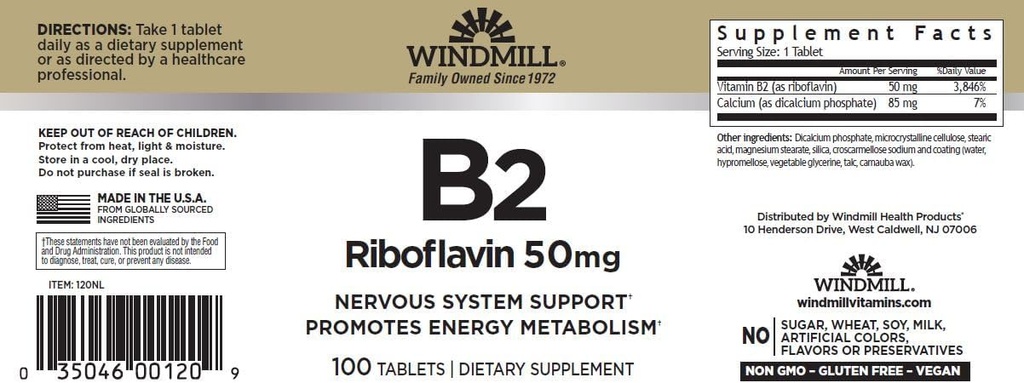 Windmill Vitamin B-2 50 mg Tablet - 100 ea (2 Pack)