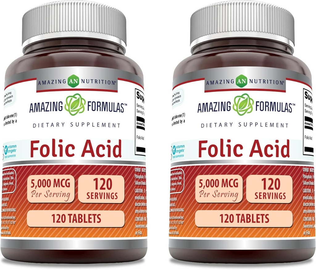 Amazing Formula Folic Acid Supplement: 124; 5000 Mcg 124; 120 Tablet 12.4; Non-GMO 124; Gluten Free 124; Dibuat di USA (2 Pack)