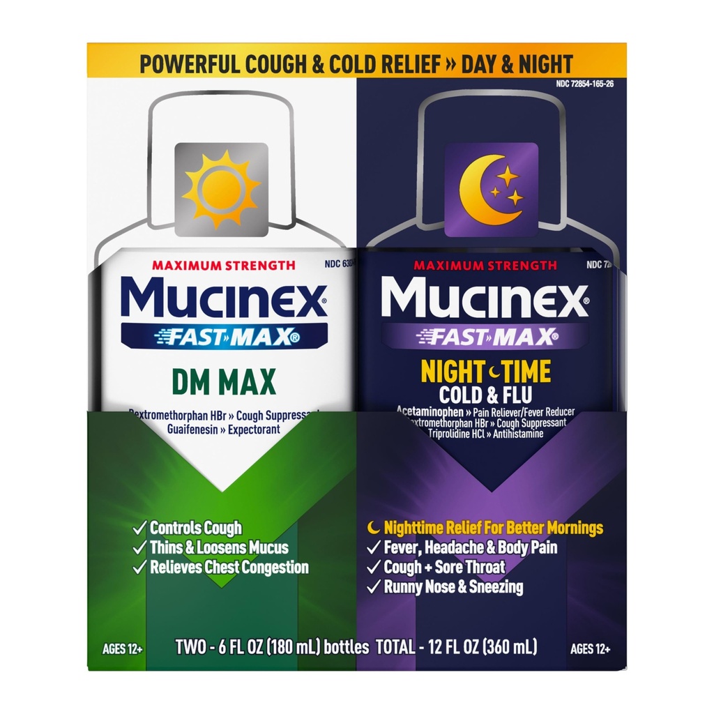 Kekuatan Maksimum Mucinex FastMax DM Max & Mucinex Nightshift Cold & Flu Liquid (2 x 6 FL.) Thins & Loosens Mucus, Relieves Cough & Chest Consultion, Pain, Fever, Sneezing, Sore Throat, Runny Nose