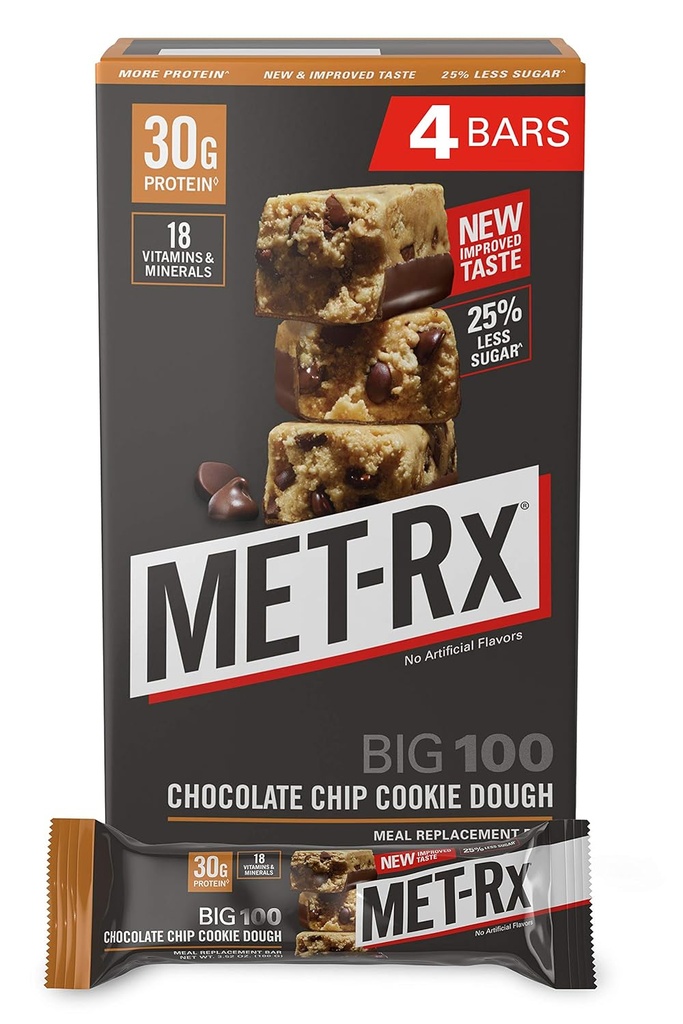 Met- Rx Besar 100 Colossal Protein Bar, Besar sebagai Pengganti Meal Sehat, Snack, dan Bantuan Energi, Gluten Bebas, Chocolate Chip Dough, 100 g, 4 Count (Packaging May Vary)