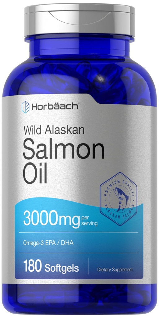 Horbäach Wild Alaska Salmon Fish Oil 124; 180 Softgel Capsules 124; Gluten Free, Non-GMO 124; Tinggi Potensi 124; Sumber Excellent Omegaga- 3 Fatty Acids EPA dan DHA