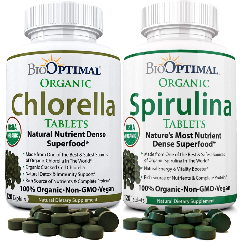 BioOptimal Chlorella Spirulina - Bundle - Organic Chorella Tablet & Organic Spirulina Tablet, 120 Count Setiap, Premium Quality 4 Organik Genosida