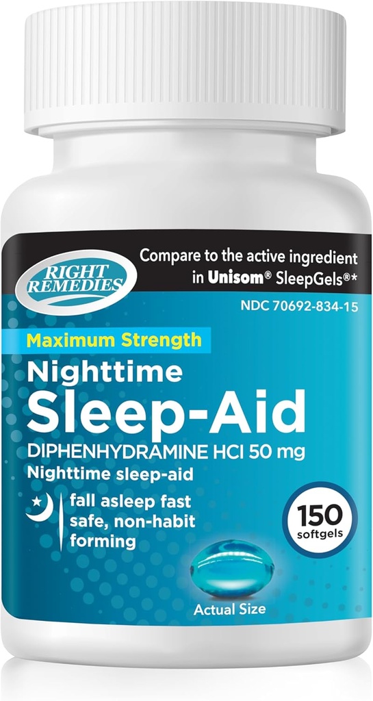 Nighttime Sleep Aid Softgels, (150 softgels), Diphenhydramine HCI 50 mg, Fall Asleep Fast, Supports Deeper, Retreat Tidur