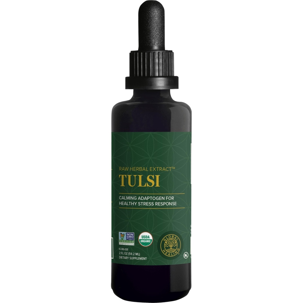 Global Healing Center - Organic Tulsi (Holy Basil Leaf Extract) Vegan Liquid Drops (Organic Basil) - Biovailable Herb untuk Normal Stress Response, Natural Energy & Imune Support