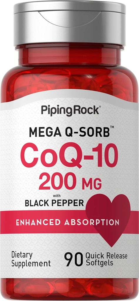 Piping Rock CoQ10 200mg Softgeels 124; 90 Count 124; Tambahan untuk Perempuan dan Pria 124; dengan Ekstrak Pepper Hitam 124; Non-GMO, Gluten Bebas