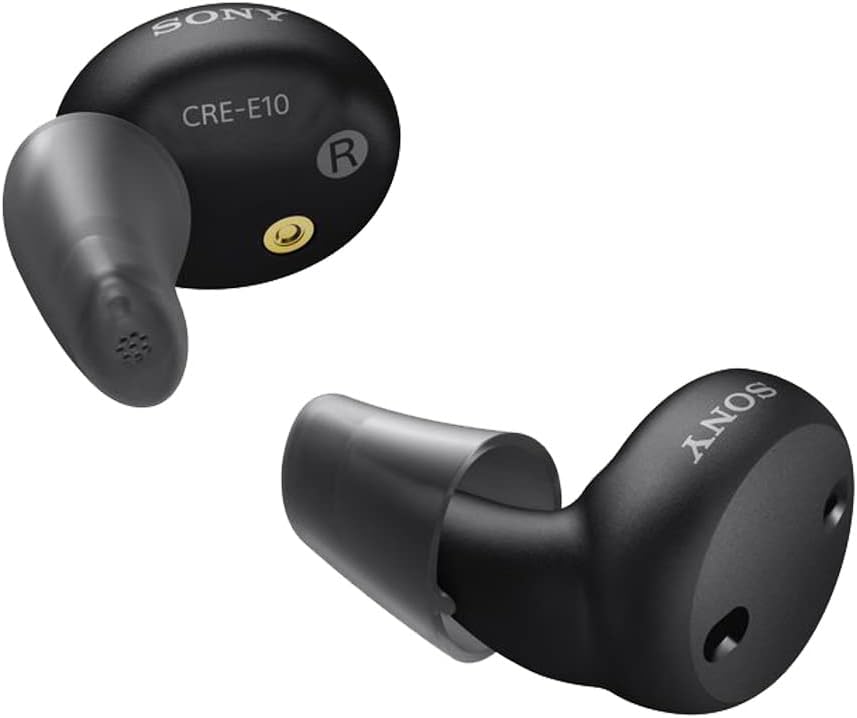Sony CRE-E10 Self-Fting OTC Hearing Aids for Mild to Moderate Hearing Loss, Prescriction- Grade Sound Quality, Comfortable Earbud Design, Bluetooth Akoned for iOS, and Rechargable Battery, Black