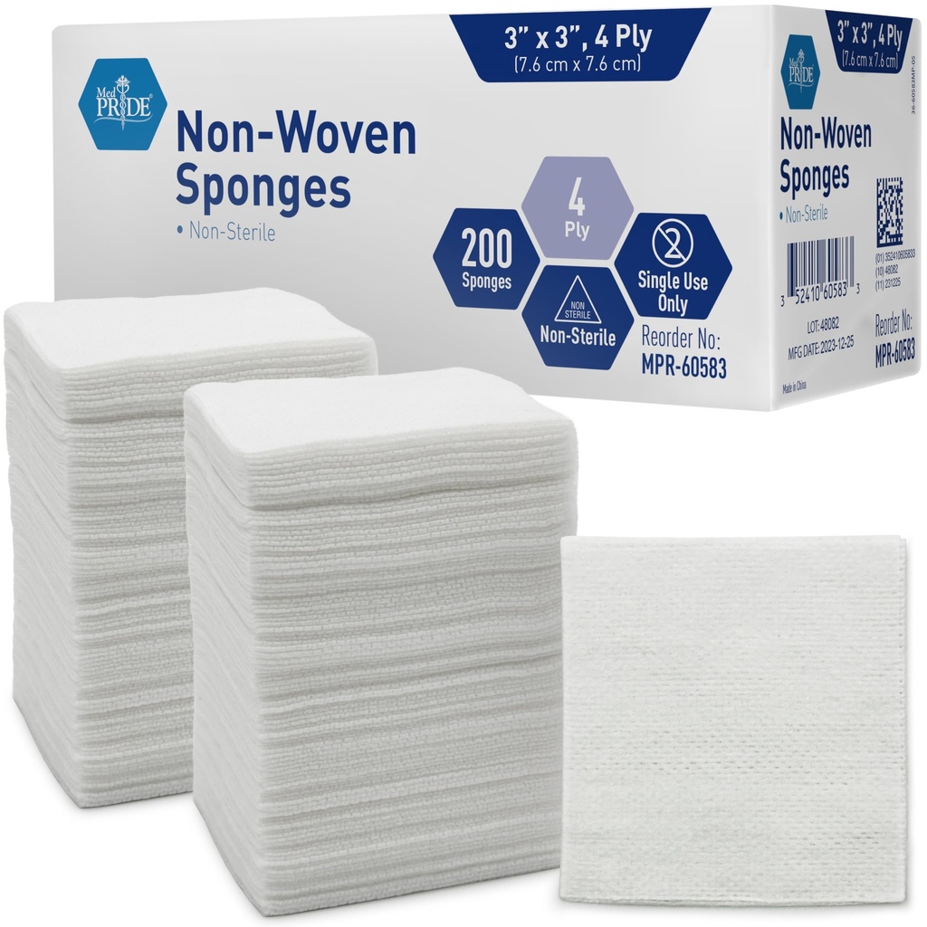 MED PRIDE 3x3 di Gauze Pages 200, Nonsterile, 4 Ply, Nonadherent Mesh Bandages, Absorbent Wound Care Sponges