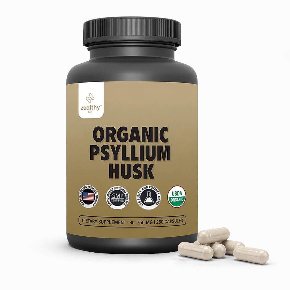 Psyllium Organik Husk Capsules 750 mg, Suplemen Serat Alami untuk Kesehatan Gut * - Alternatif untuk Powder Psyllium Husk, Zealthy Life, 250 Capsules