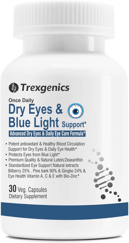 Trexgenics Dry Eyes & Blue Light Support Once Daily Vegetarian Formula dengan Lutein 10mg, Dalxanthin 2mg, Bilberry, Ginkgo, Pine Bark, Vitamin C, Zinc & Vitamin A (30 Veg Capsules)