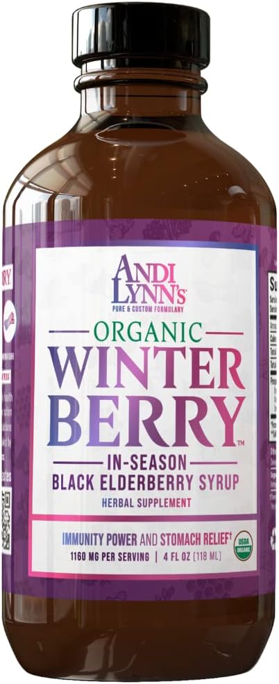 Andi Lynn 's Winterberry Black Elderberry Syrup - termasuk Black Elderberry, Cinnamon, Ginger, Honey & Lemon - Dukungan Ammune untuk Whole Family - Organic & Great Tasting Syrup 4oz