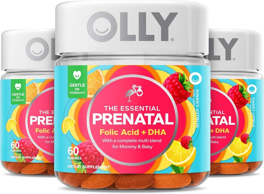 Olly Prenatal Multivitamin Gummy, Folic Acid, Vitamin D, Omega DHA, Suplemen Chewable, 60 Gummies Citrus 3 Count