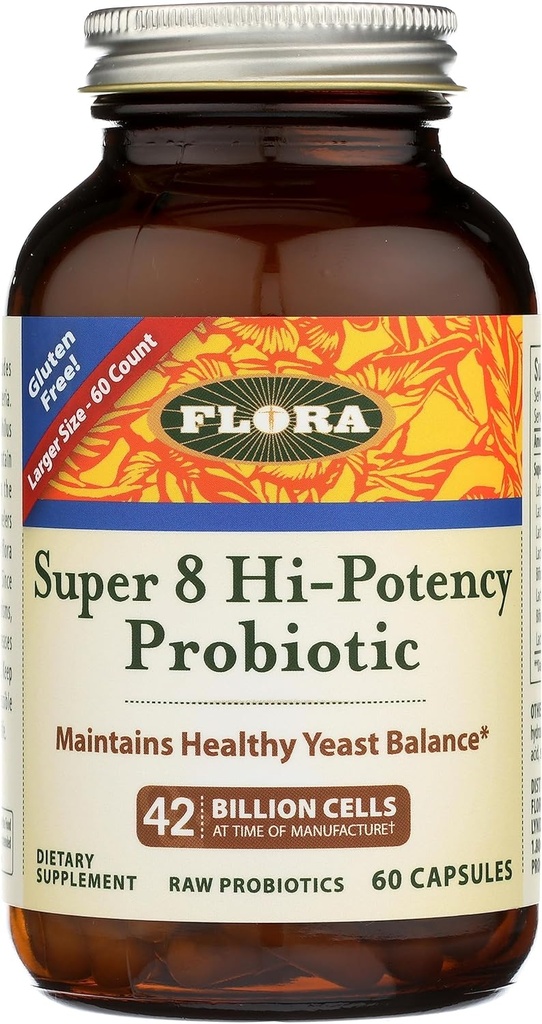 Flora - Super 8 Hi Potency Progitive 60 - Healthy Yeast Saldo & Digetical Health - for Men & Women - 42 Milyar CFU, Raw, Gluten Free - Up to 2 Month Supply
