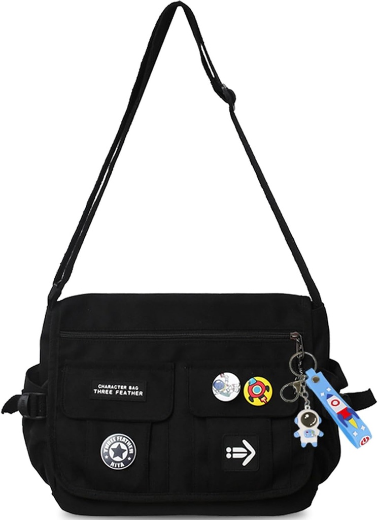 Fashion Crossbody Bag dengan Aksesoris Cute Nilon Casual Messenger dengan Pendant Lighlable Handbag Travel Daypicks (Black)