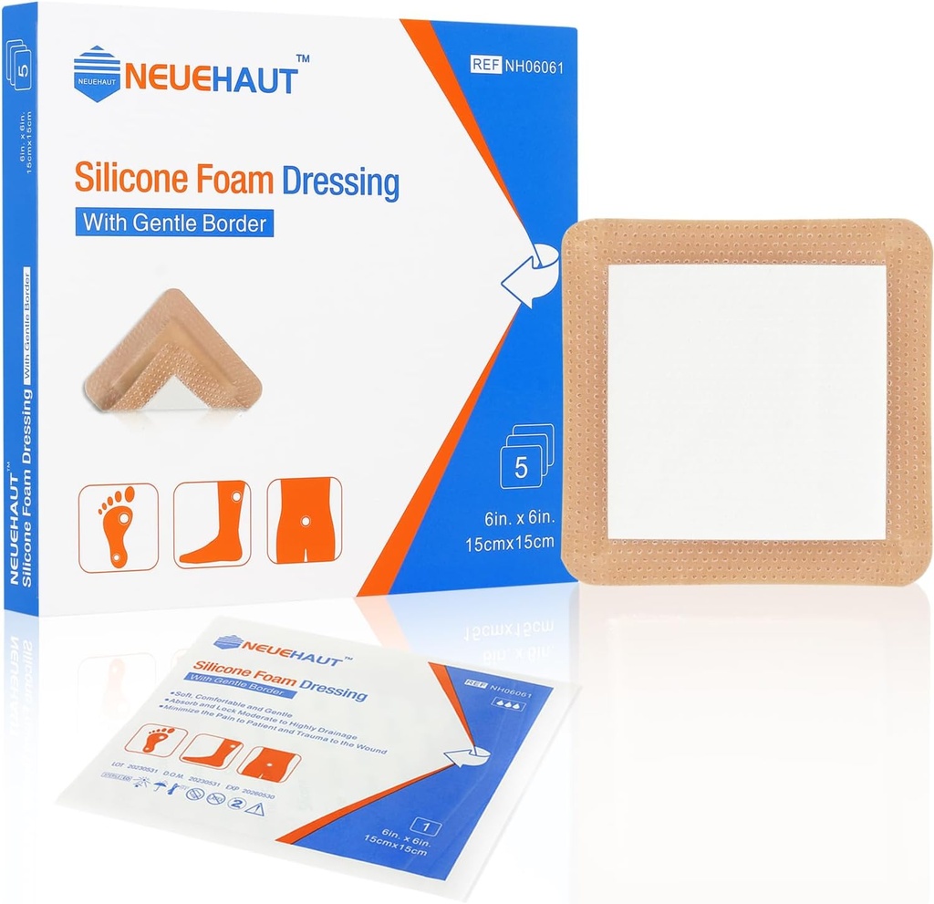 Silicone Foam Dressing with Gentle Adhesive Border 6 "x6", Bed Sore Pressure Ulcer Leg Ulcer Silicone Wound Bandage, High Absorbency Waterproof, 5 Pack by NeueHaut