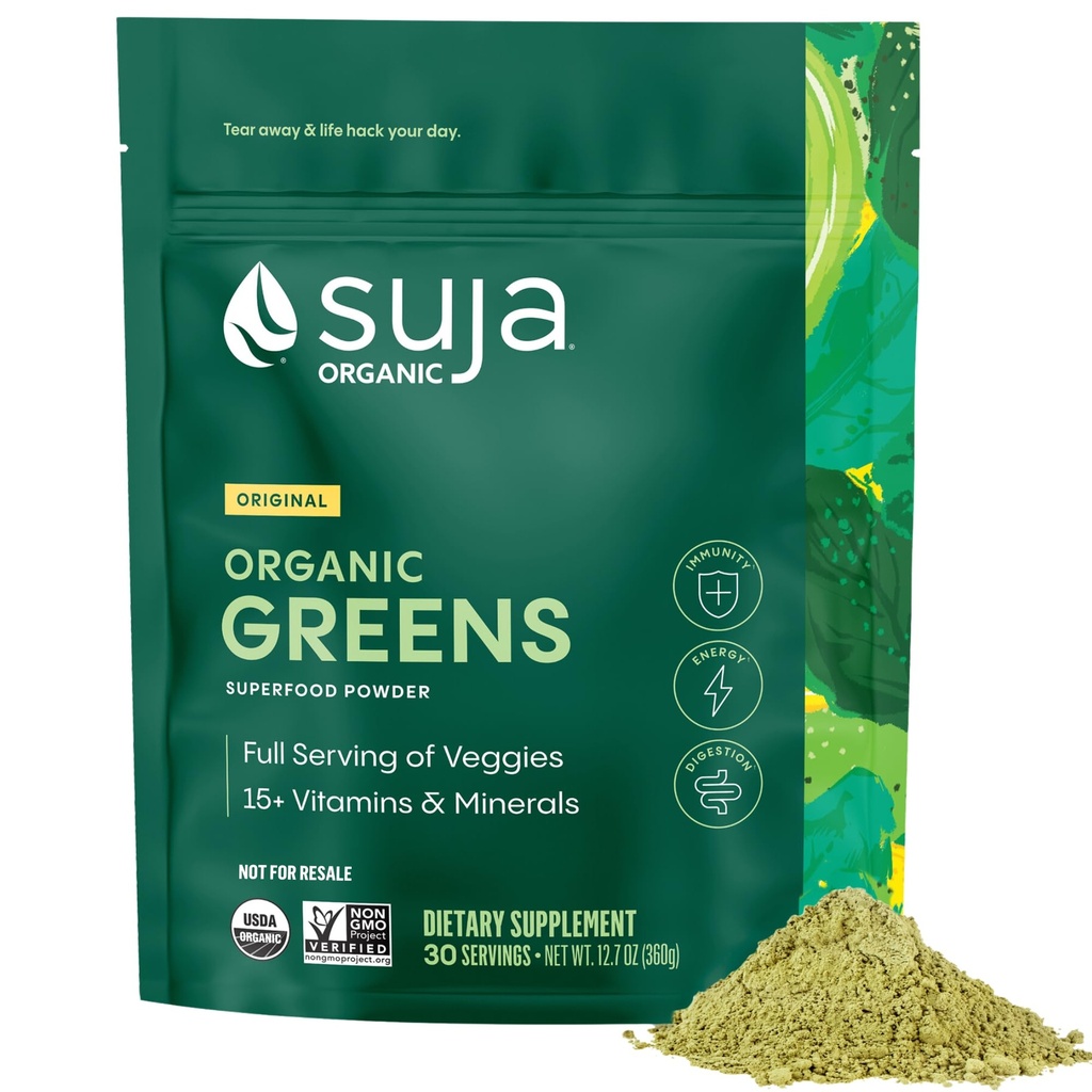 Suja Organic Greens Powder Probiotic Blend, Spirulina, Daily Superfood Drink or Smoothie Mix for Ammune Dupport, Ditrable, & Energy, Vegan, Gluten Free, Non GMO, 30 Servings
