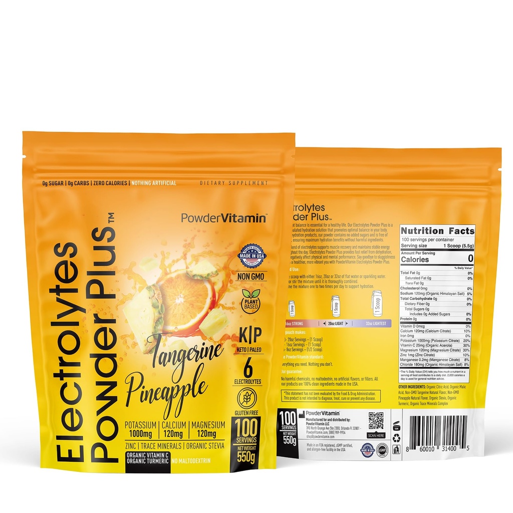PowderVitamin Electroltes Powder Plus (100 pelayan) Tangerine Pineapple Electrolite Powder Zero Calorie Keto, 0Sugar, No Maltodextrin, 1000mg Potasium, 120mg Calcium, 120 mg Magnesium, Powder Hidration