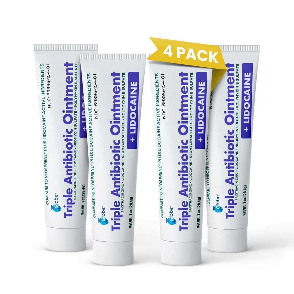 Globe (4- Pack) Lidocaine Aid Pertama Antibiotik Osta1 Oz - Maximum Power Pain Relief & Infeksi Protection - Numbs Skin Fast with Lidocaine - Emergency Use & Infeksi Protection