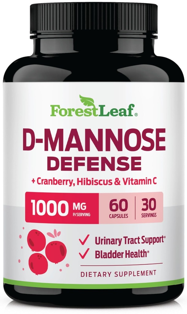 ForestLeaf D Mannose 1000mg Capsules - D-Mannose dengan Cranberry, Hibiscus & VIT C, Uriner Tract Health for Women and Men, Organic DMannose Pills for UTI, Urinary Health & Bladder Dukung 60 Capsules