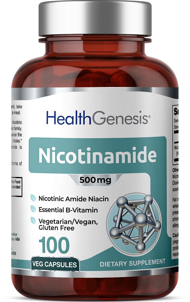 B-3 Nicotinamide 500 mg 100 Vcaps - Nicotyic Amide Niacin Natural Flush- Free Vitamin Formula - Mendukung Kesehatan Sel Skin