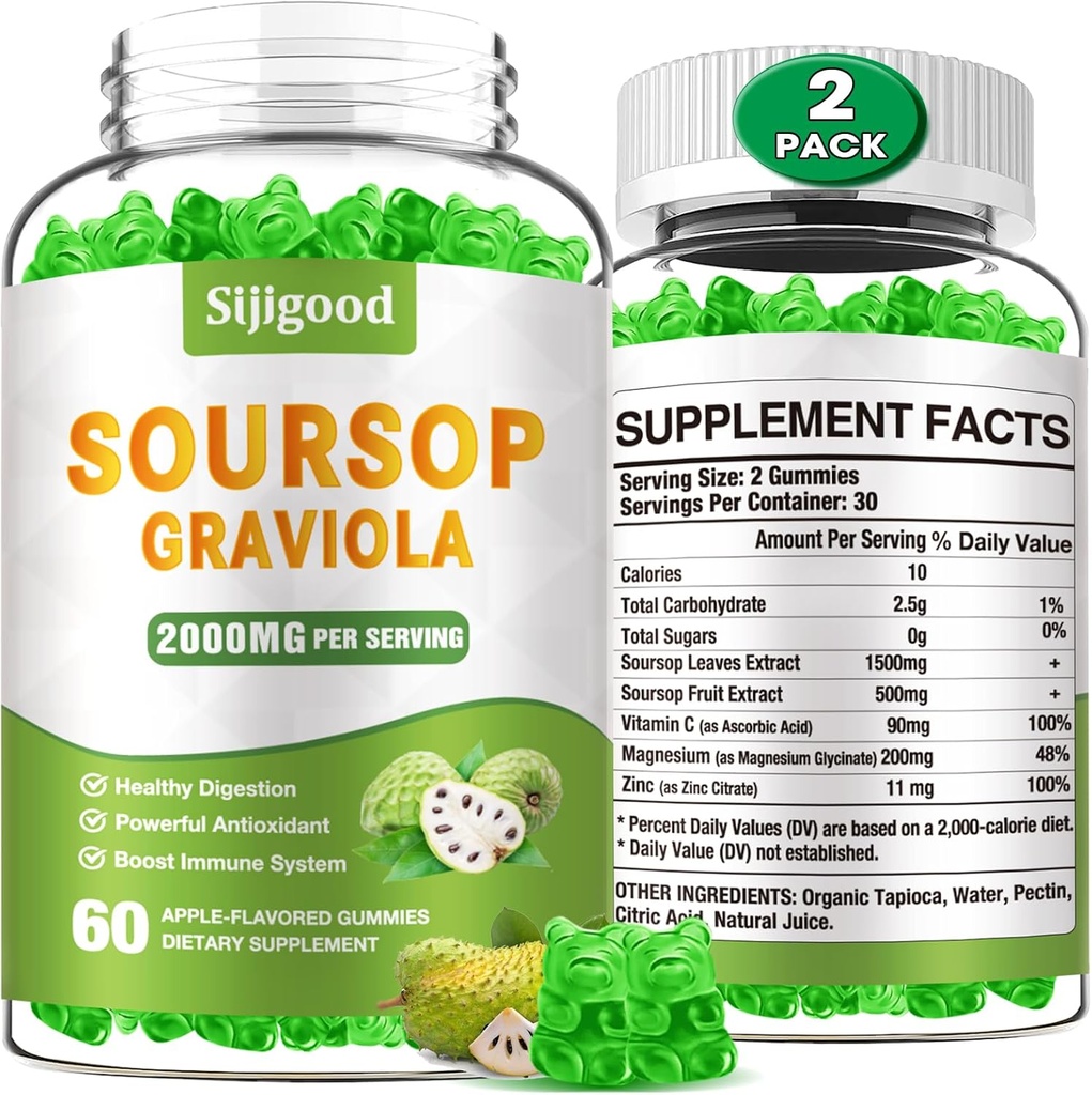 2 Pack Soursop Graviola Gummies - Dedaunan Soursop Organik & Ekstrak Buah - Bantuan Digetical, Support & Antioksidant Properti - 120 Apple Flavored Gummies