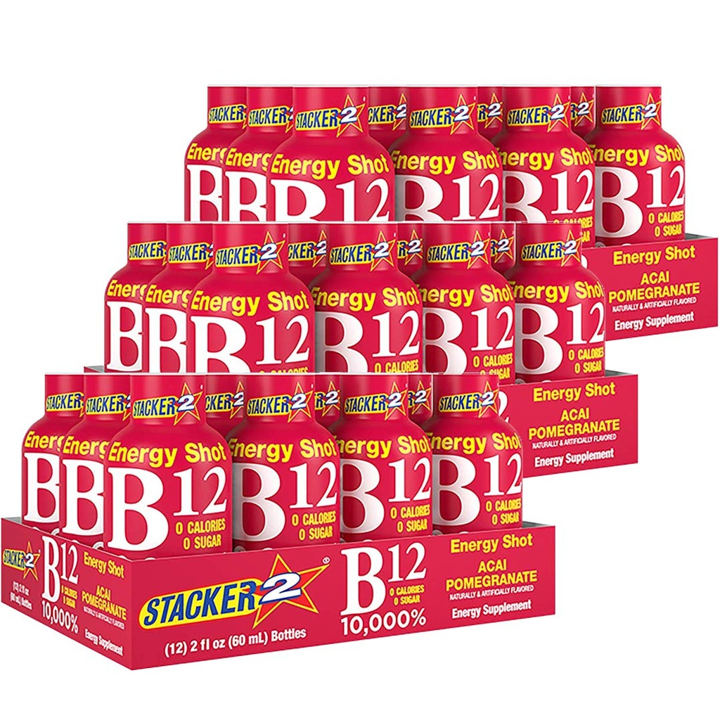 Stacker 2 Vitamin B Kompleks B12 B6 B3 B3 Limid Energy Shots - Acai & Pocate - Cyanocobalamin, 10.000% DRV - B6 Pyridoxine 40mg - B3 Niacinamide (Niacinamide) 20mg - BAX Bundle (2oz, Paket 36)
