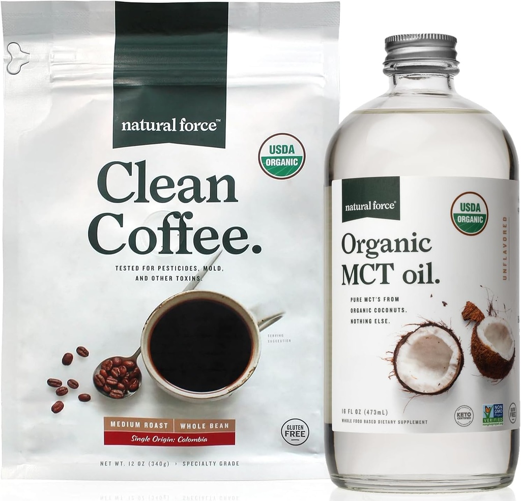 Natural Force Clean Coffee + Organic MCT Oil Bundle - 100% Pure Coconut MCTs & Mold & Mycotaxin Free Coffee - Non-GMO, Keto, Paleo, dan Vegan - 12 Oz Bags dan 16 Oz Glass Bottle