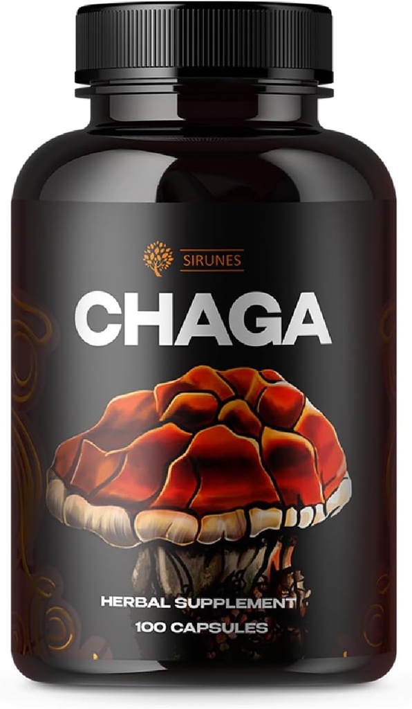 Suplemen SIRUNES Mushroom Chaga Mushroom Capsules 100 Count - 10000mg Mushroom Natural Organic dengan Powder Jamur Chaga - Suplemen Antioksidant untuk Dukungan Imune, Energi Boos