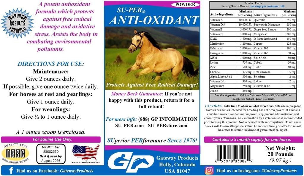 Sul-PER Tambahan Antiidant untuk Kuda - Equine Vitamin & EscalyAntioksidant Dukungan - Combats Lingkungan Pollutants & Oxidative Stress - 20 Pounds, 5 Bulan Suppply