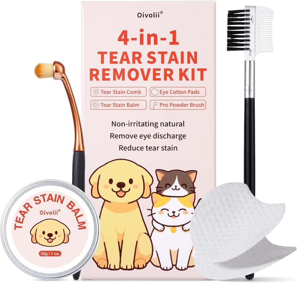 Tear Stain Remover Kit for Dogs & Cats with Tear Stain Comb, Tear Stain Balm, Eye Cotton Pads, Pro Powder Brush Gently Take Tear Stain, Eye Debris, Disorder, Discharge, Muscus Discutions