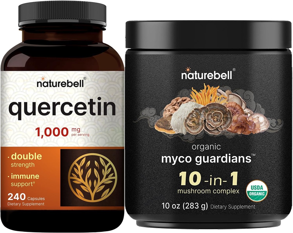 NatureBell Quercetin 1000mg Per Serving & 10 dalam 1 Mushroom Powder, 10oz Bundle Pack Alag 124; Ultra Energy Quercetin Suplemen 124; Imune Booster & Brain Health Support