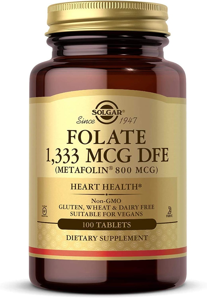 Solgar Folon 1.333 mcg DFE, 100 Tablet - 800 mcg BioActive Metafolin - Heart Health - Non-GMO, Vegan, Gluten Free, Dairy Free, Kosher - 100 Servings