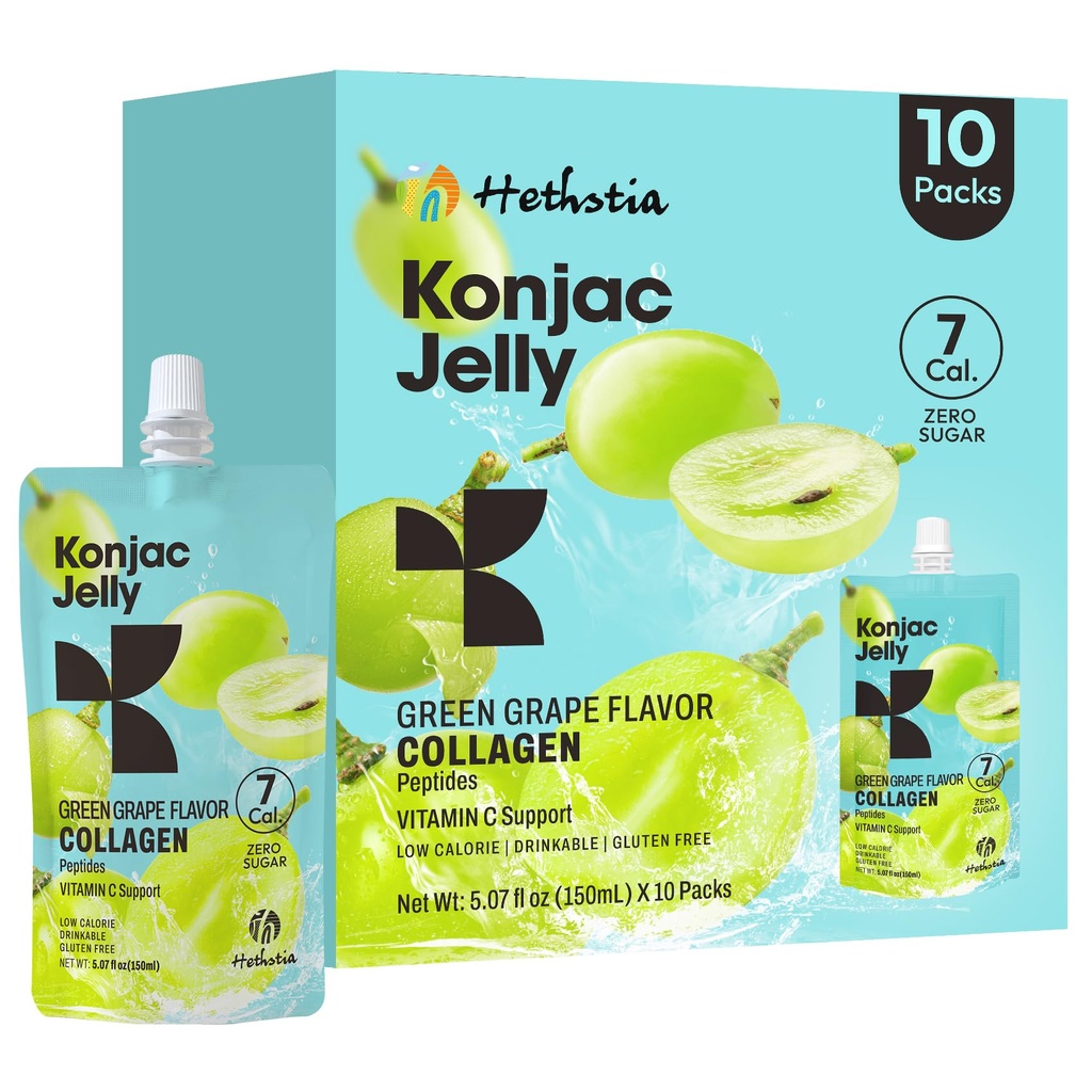 Hethstia Konjac Jelly Green Grape Flavor, 10 Pouches, Drinkable Grape Jelly dengan Collagen Peptides, 7 Kcal, Sugar Free, Gluten Free, Keto, Vegan, On-TheGo Chewy Light Snacks