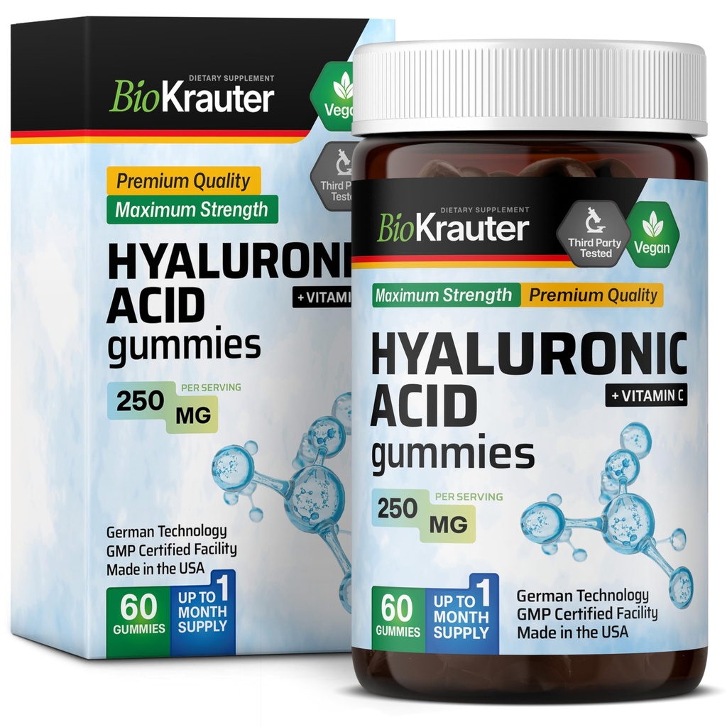 BIO KRAUTER Hyaluronic Acid gummies w / Vitamin C - 250 mg - 60 Vegan Chews - Acids Hyaluronic - Pectin- Based