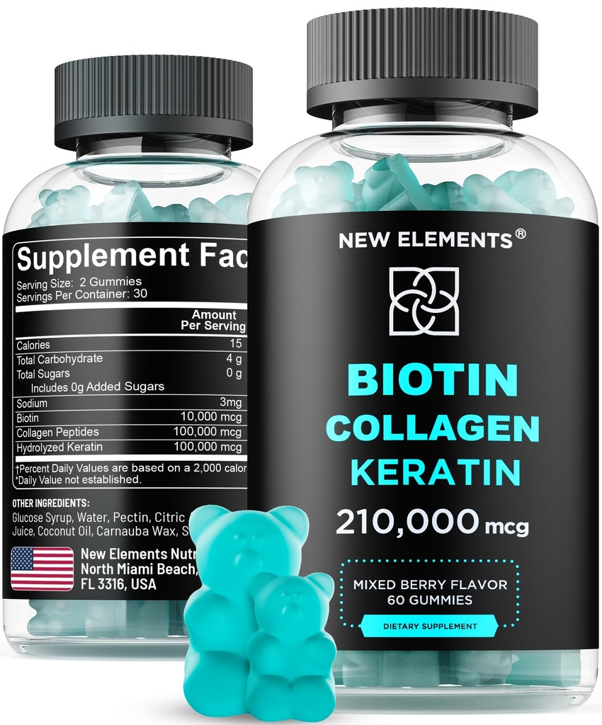 Mie Biotin dengan Kertin & Collagen Peptides - Tambahan untuk Perawatan Pertumbuhan Rambut untuk Pria & Perempuan Skin dan Nails Vitamin - Biotin 1000mcg 124; Kertin 1000mcg 124; Collagen 1000000mcg