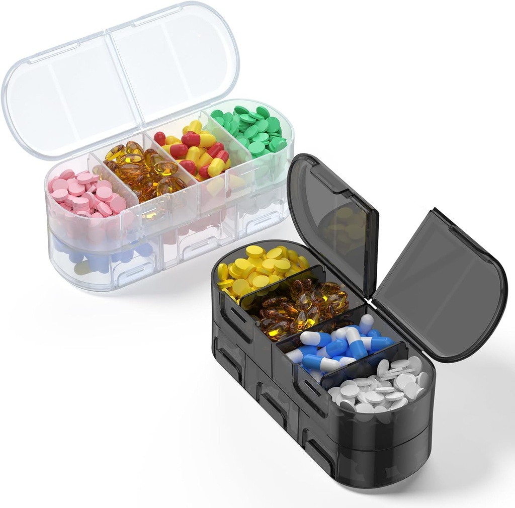 Weekly Pill Organizer, 2 / 3 / 4 Times sehari, Double- Sided Design, Portable Pill Box for Stening Medication / Vitamin / Fish Oils / Suplemen (Variabel Grids White Black 2PC)