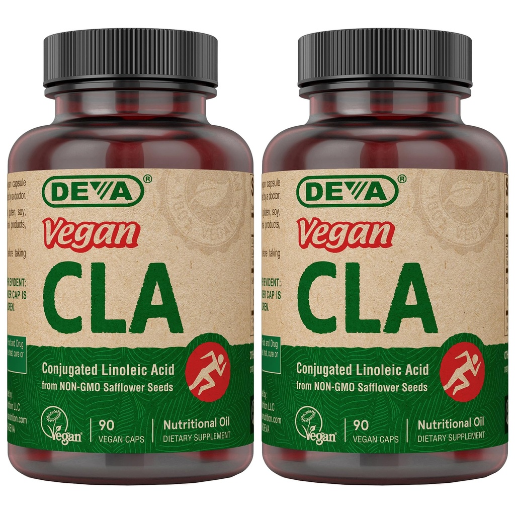 DEVA Vegan Vitamin Meyugasi Linoleic Acid (CLA), dari Non- GMO Safflower Oil, 90 Kapsul, 1 - Pack