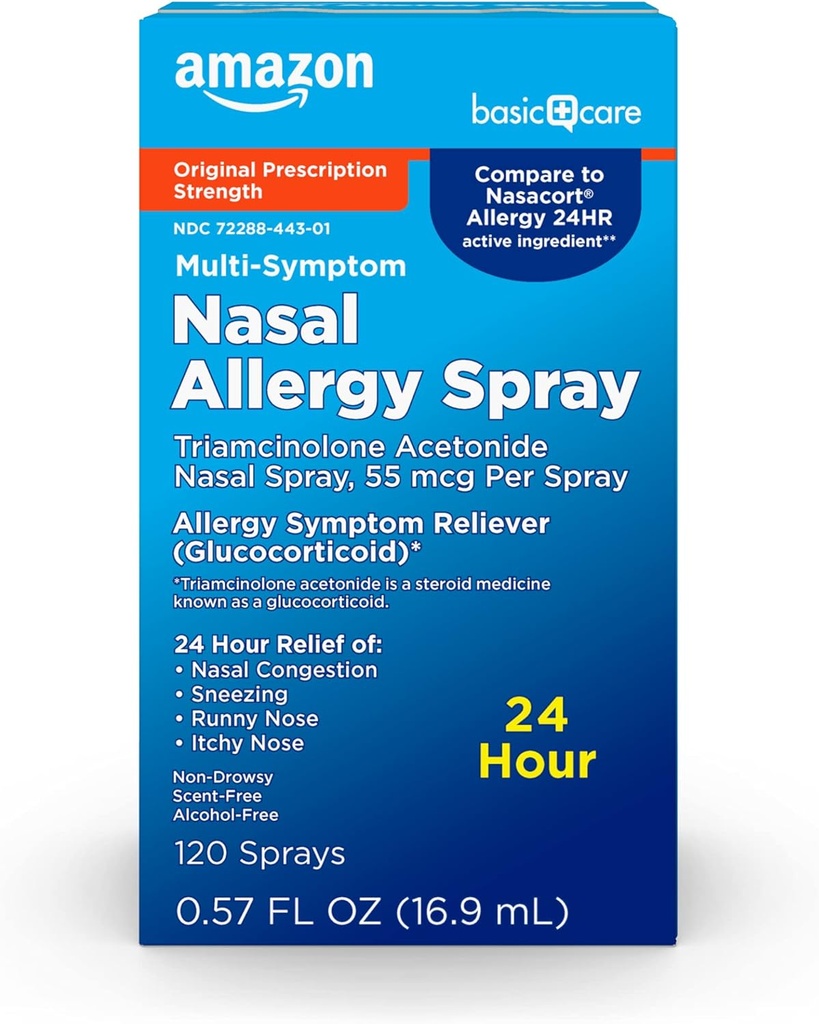 Care 24 Hour Alergi Nasal Spray, Triamcinolone Acetonide 55 mcg per semprotan, Allergy Medicine, Non-Drowsy, 0.57 fl oz (Paket 1)