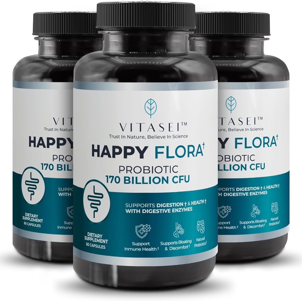 VITASEI Happy Flora, Probiotic Suplemen 170 Milyar CFU untuk Kesehatan Orang Sehat dengan enzim untuk Divalry, progres untuk Perempuan dan Pria, 3 Botol - 180 Capsules