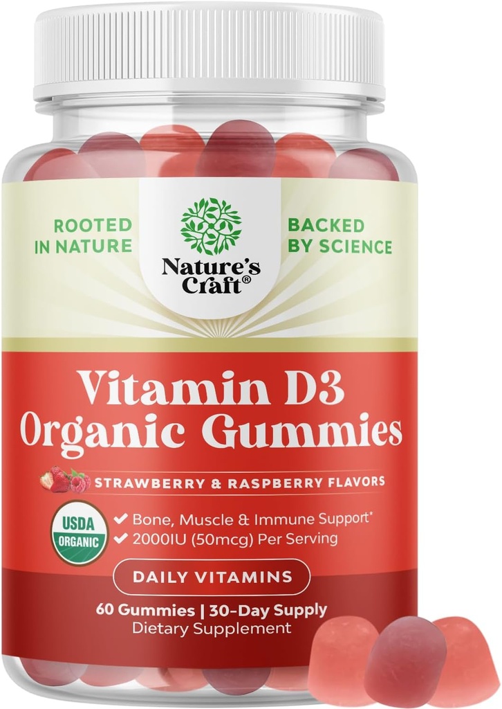 Vitamin D3 Gummies Organik untuk Perempuan & Pria - Vitamin D Gummies per Serving for Bone Health, Otot & Imune Dukungan - Supplai GMO Non- Gelatin & Gluten Bebas - 60 Gums