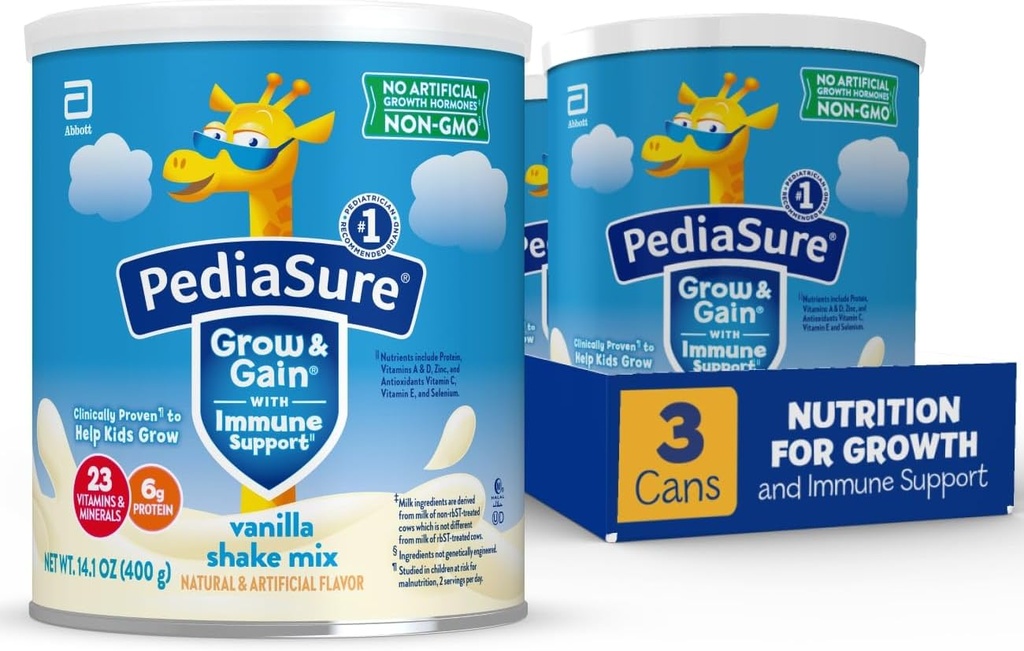 PediaSure Grow & Gain dengan dukungan Imune Shake Mix Powder, 23 Vitamin & Mineral, 6g Protein, Non-GMO, Gluten- Free, Vanilla, 14.1 Oz Can, Paket 324 porsi