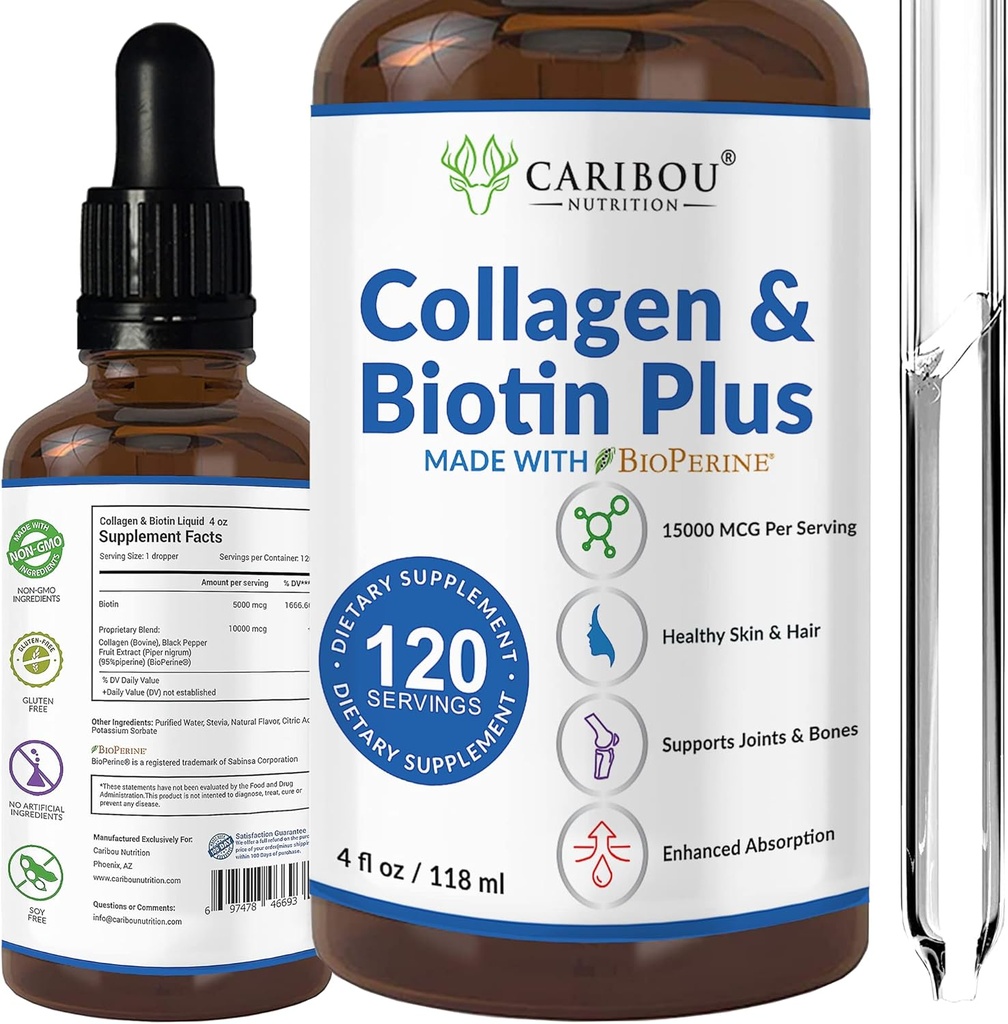 Liquid Collagen & Liquid Biotin With BioPerine For Enhanced Absorpsi - 1000mcg Liquid & 5000mcg Biotin Liquid - Liquid Collagen For Women -4 Month Suppply of Biotin And Collugen Suplemen