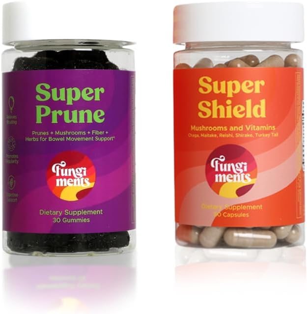 Fungiments Mushroom Suplemen, Gangguan / Hambatan Bundle Imunity, Super Prune 30 Count Gummies + Super Shield 60 Count Capsules