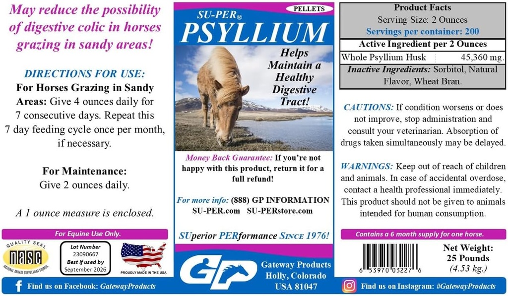 Su-PER Psyllium Pellets Equine Suplement - Menjaga Tract Digetial Healthy di Kuda - Mendukung Penghapusan Pasir & Dirt dari Trakti Instinal - 25 Pound, 6 Pasokan Bulan