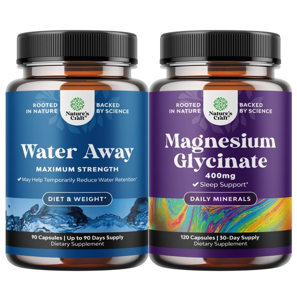 Bundle of Water Away Pill Maximum Power - Herbal Diuretic Pil untuk Retensi Air untuk Pelepasan Bloating Cepat dan Magnesium Glycinate 400mg Per Serving for Mood Sleep and Relaxation