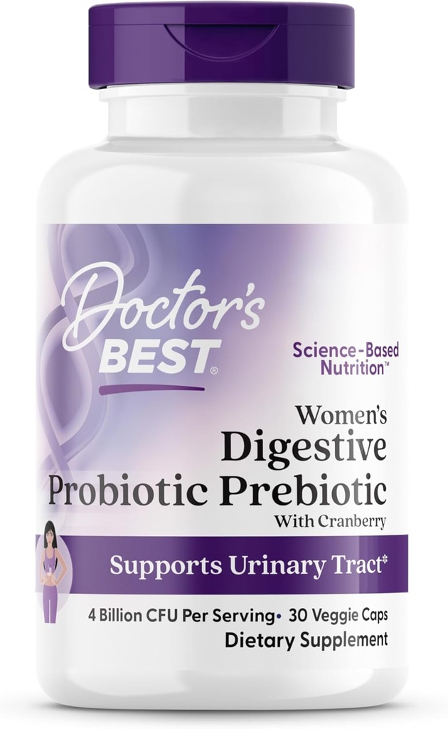 Dokter 's Best Womens Digetical Probiotic Prebiotic dengan Cranberry dan PreforPro (4 Milyar CFU), Mendukung Tract Urinary, Non-GMO, Vegan 30 Veggie Caps