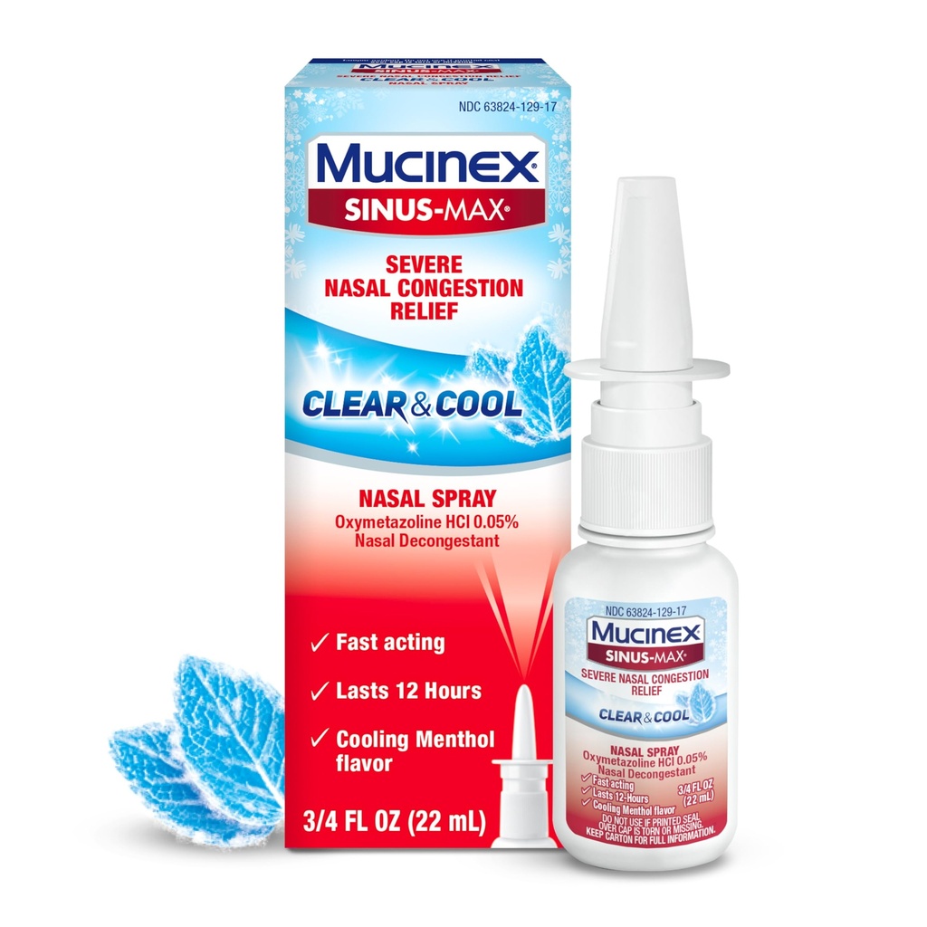 Mucinex Sinus- Max Nasal Spray Decongestant, 12 Hour Over-The- Counter Medication Nose Semy for Sinus Relief, Nasal Deconongestants for Dewasa & Sinus Conbuble, Cooling Menthol, 0.75 Fl Oz