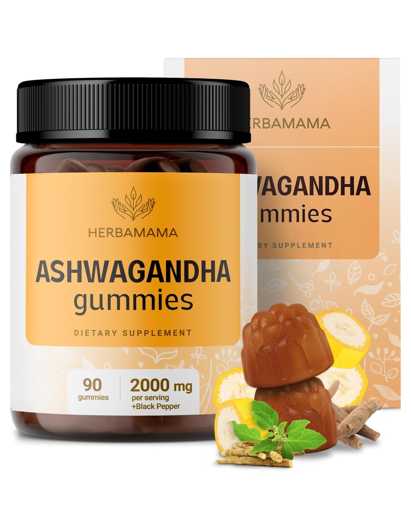 HERBAMAMA Ashwagandha Gummies - 2000mg Murni Ashwagandha Root dengan Black Pepper untuk Dukungan & Mood Tenang - Vegan, Non-GMO Mempersiapkan Suplemen untuk Dewasa - 90 Pectin- Berdasar Banvan - Catur Cable & Mood