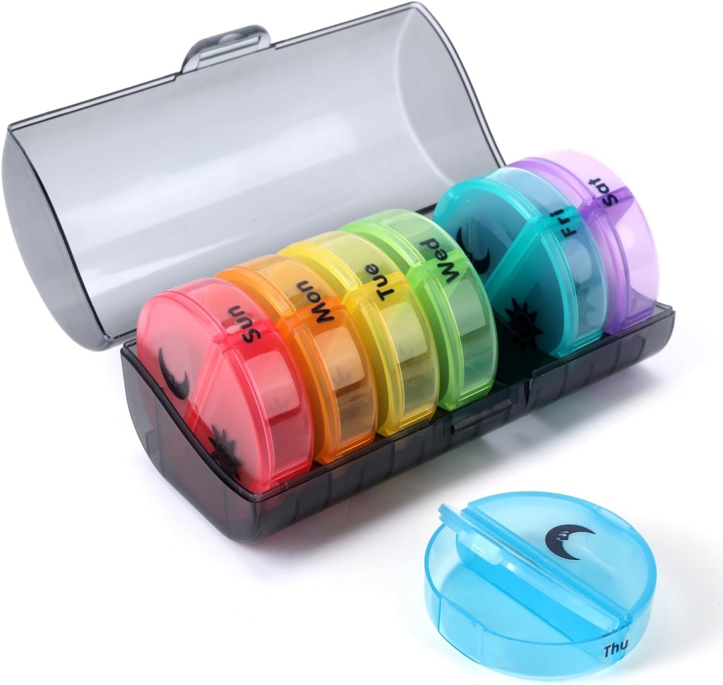 Weekly Pill Organizer 2 Times sehari, Travel Pill Box 7 Day, AM PM Dua kali sehari Kasus Pill, Portable Daily Vitamin Organizer for Medication, Vitamin, Fish Oil, Suplemen (Multiple-Color)