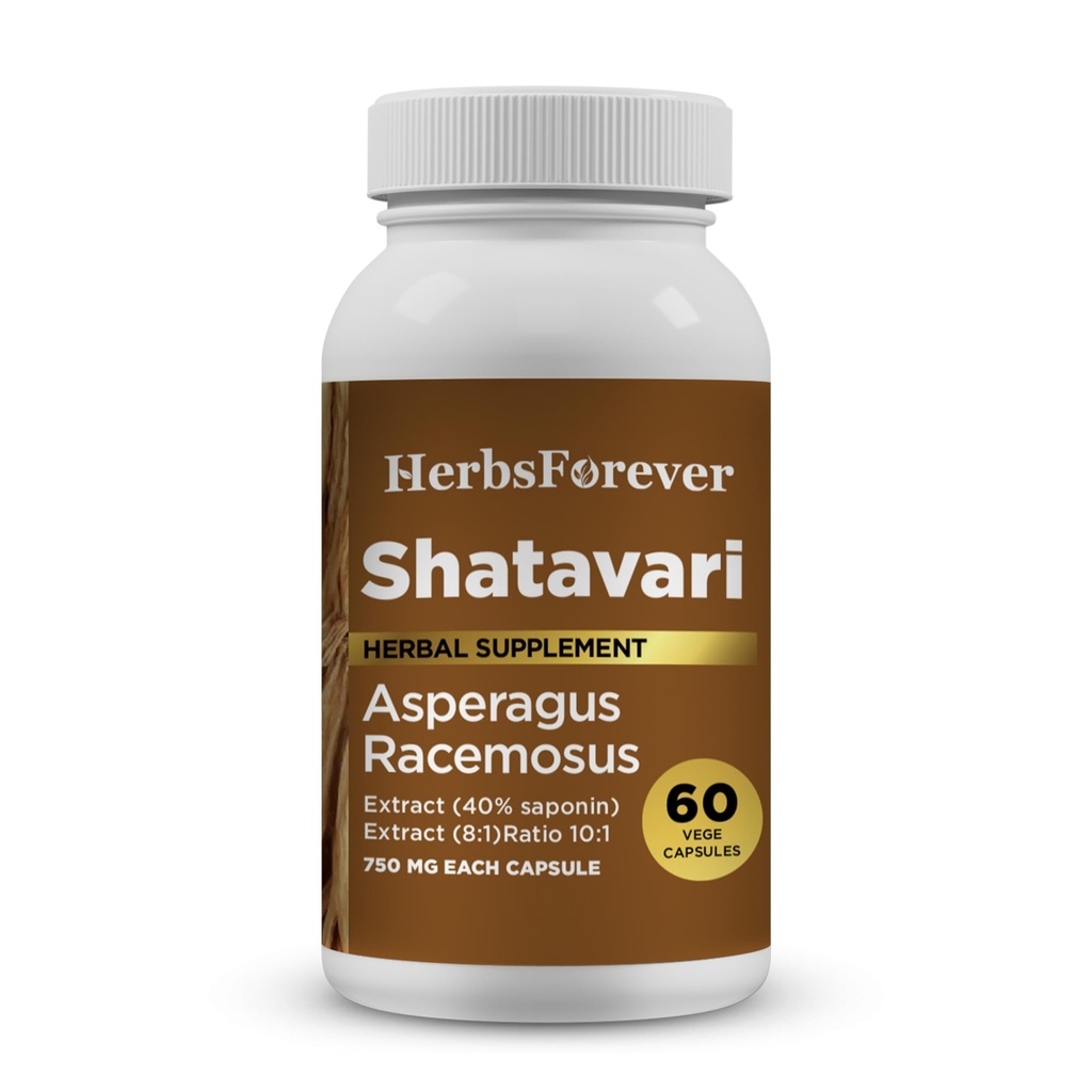 Herbsforever Shatavari Capsules Premium Asparagus Racemocus Suplement 40% Saponins 750 mg Potensi Formula - 60 Vegetarian Capsules Herbal Wellness & Saldo Dukungan GMO Tidak Ada